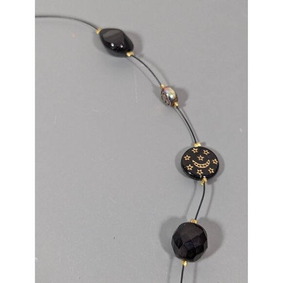 VTG Lonnie Lovness Black Gold Tone Star Bead Wire Station Necklace 20" - Picture 5 of 8